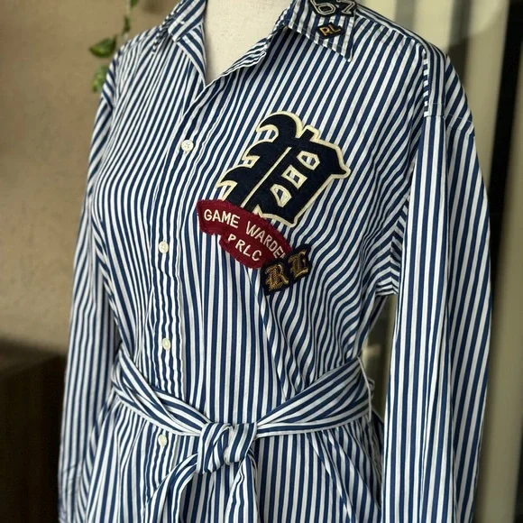 Polo by Ralph Lauren Striped Asymmetrical Shirt Dress with pockets and Patches - Picture 6 of 15